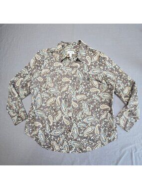 D&Co Womens Large Button-Up Shirt Brown Paisley Long Sleeve Top